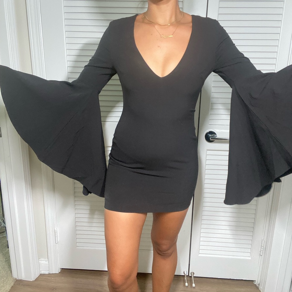 Black bell sleeve mini dress